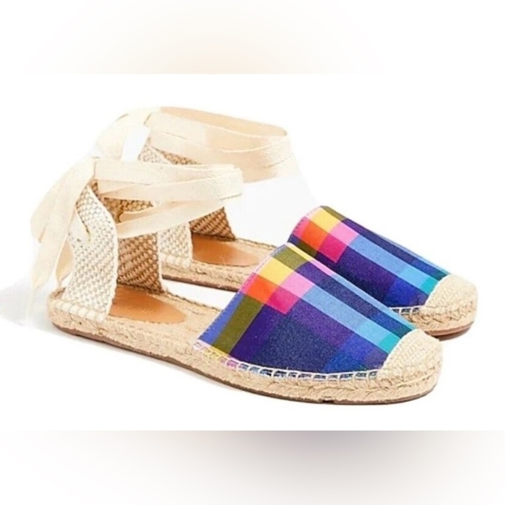 J. Crew Multicolor Plaid Canvas Espadrille Lace-Up Flats